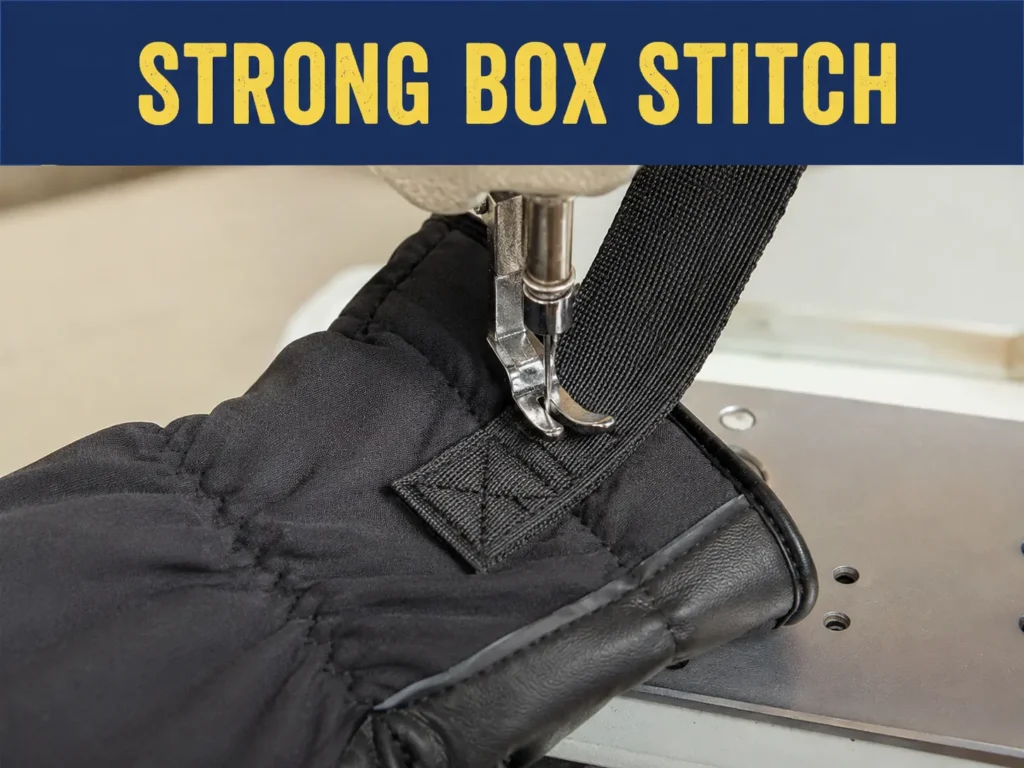Box stitch pattern securing a glove strap