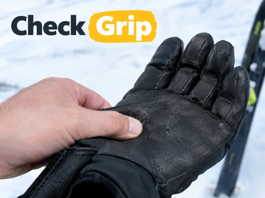 Checking a ski glove palm for worn-out grip texture
