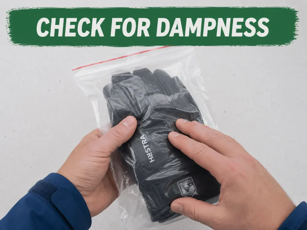 Checking a spare glove for dampness through a sealed bag