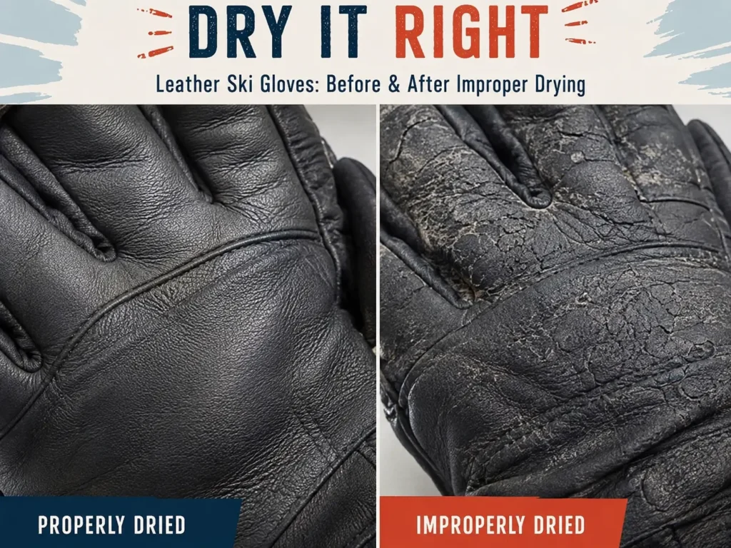 Leather ski glove texture before and after improper drying