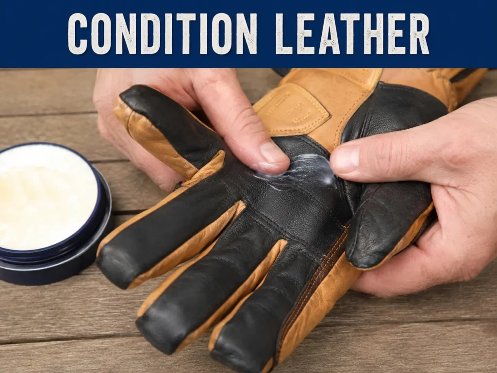 Conditioning leather on a ski glove palm
