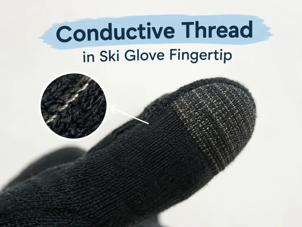 Conductive thread in a ski glove fingertip