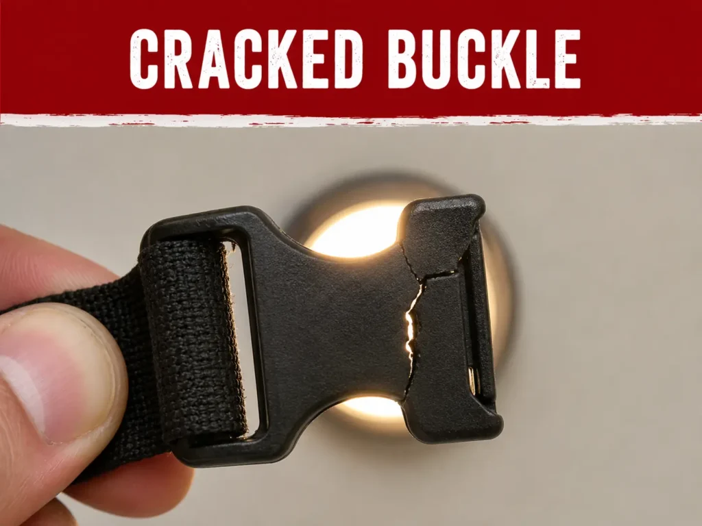 Cracked plastic ski glove buckle