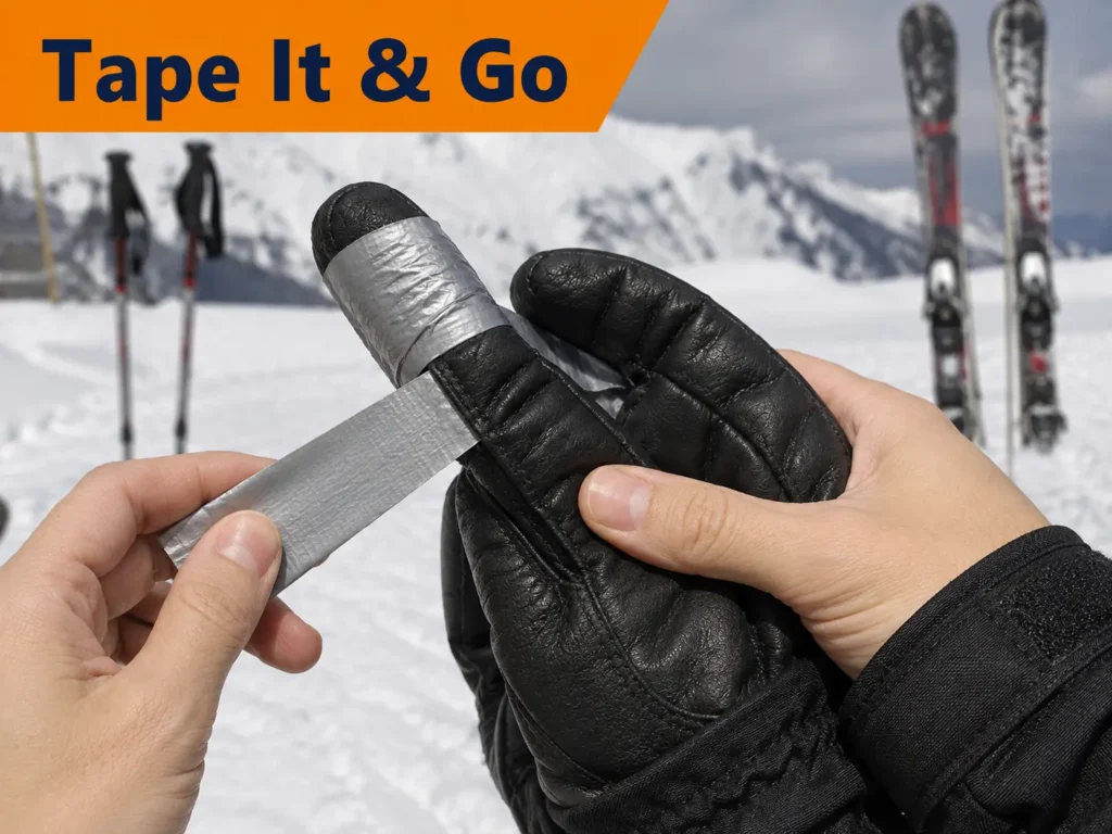 Duct tape field repair on a ski glove finger
