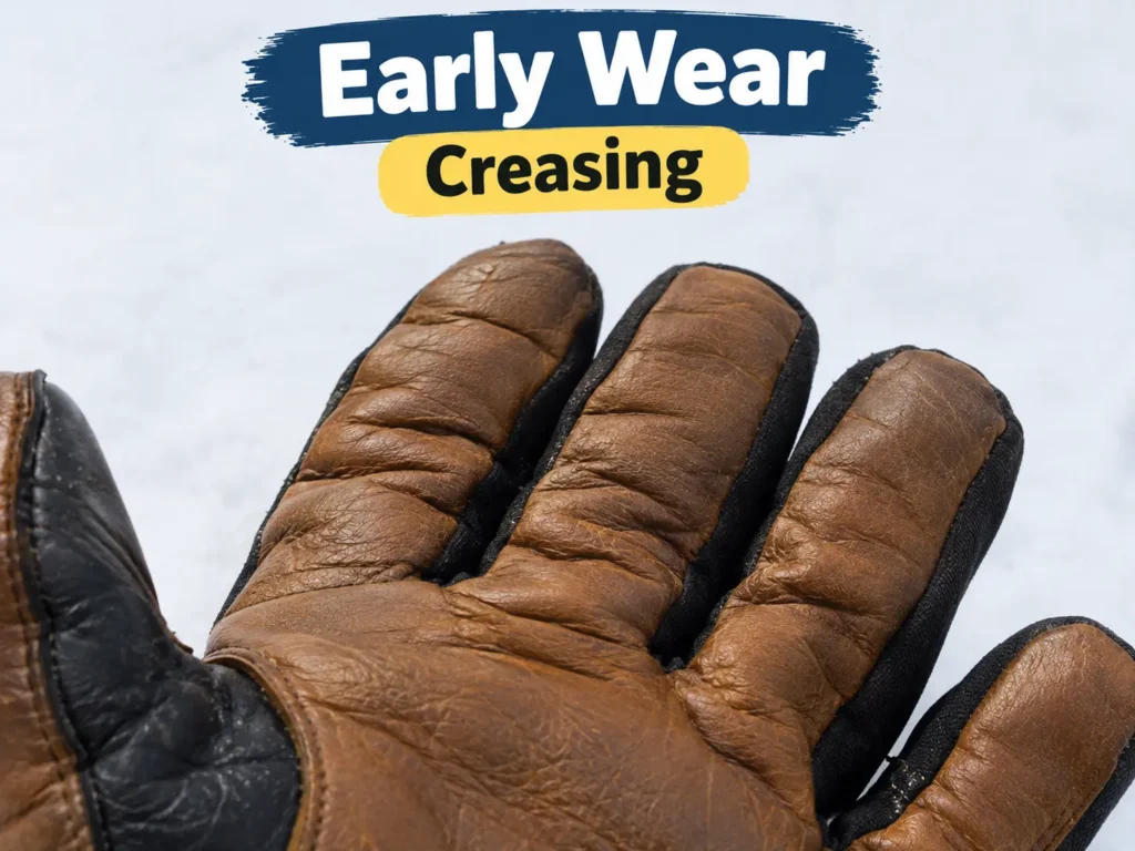 Early wear creasing on a leather ski glove
