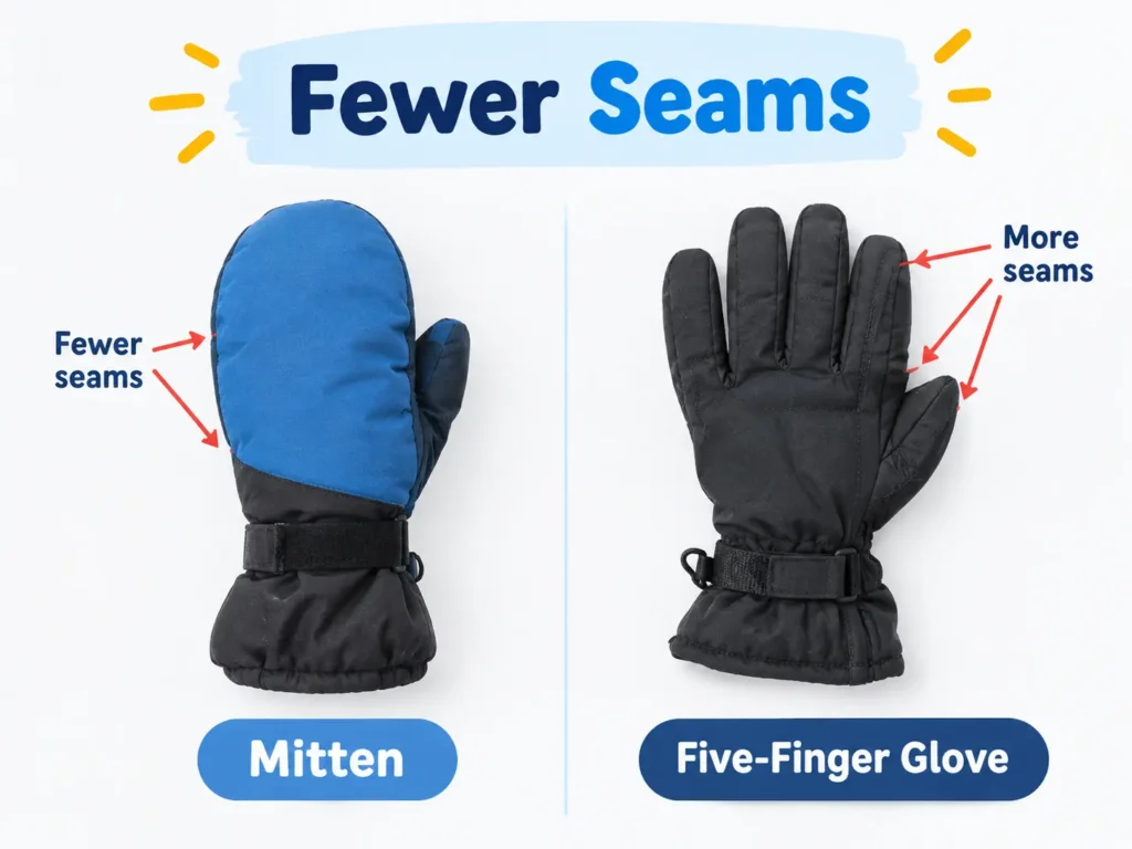 Fewer seams on a mitten compared to a five-finger glove