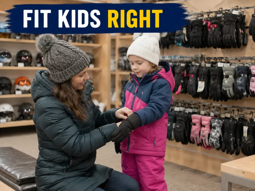 Fitting a child for ski gloves in store