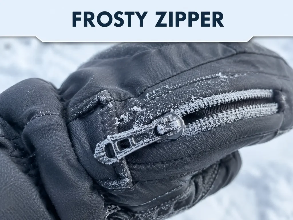 Frost on a frozen ski glove zipper