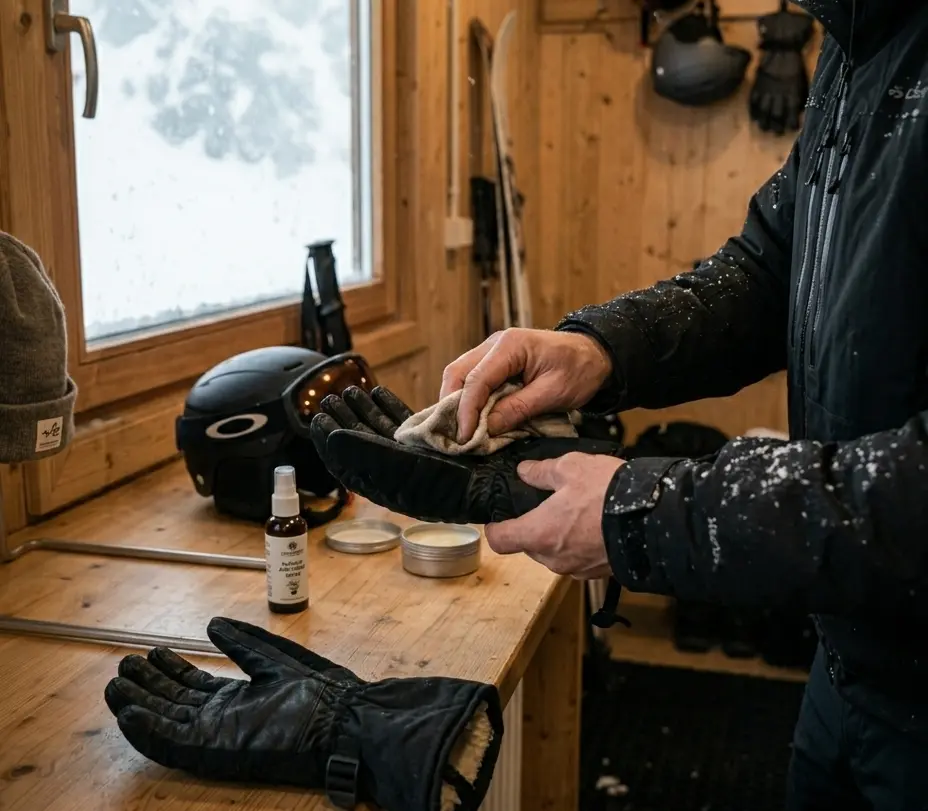 Skier showing how to prevent ski gloves from smelling by wiping the interior lining after a day on the slopes.