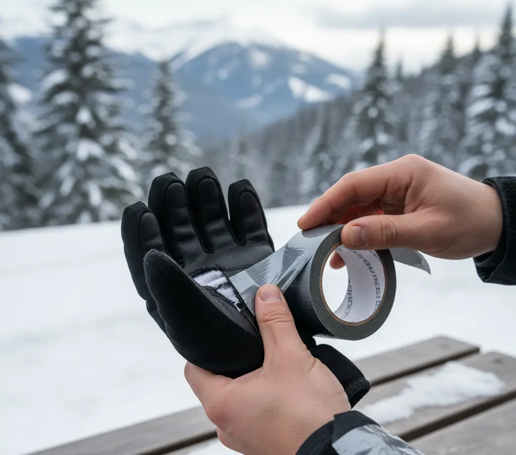 A skier showing how to repair ski gloves with duct tape on the mountain.