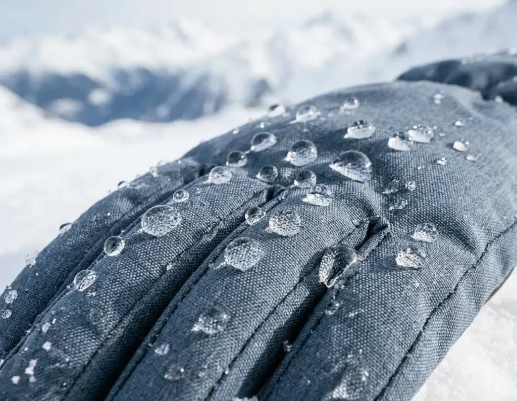 Water droplets beading and rolling off the DWR coating of a new water-resistant ski glove