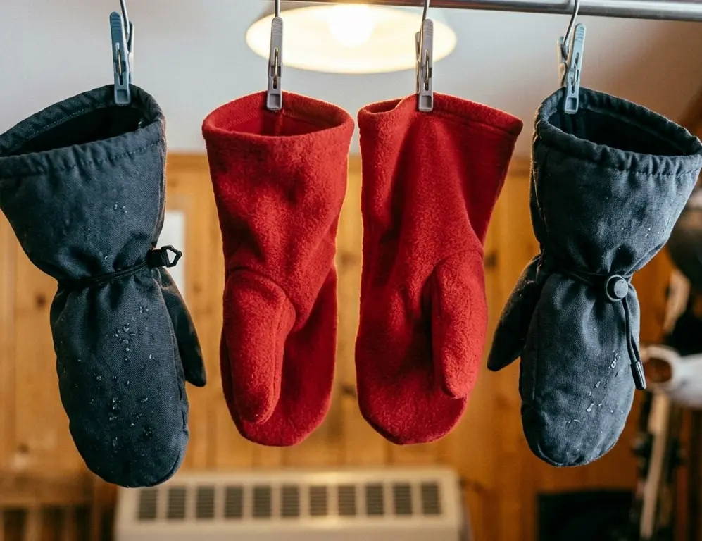 Toddler ski mittens and inner liners separated and hanging open to dry overnight in a ski lodge
