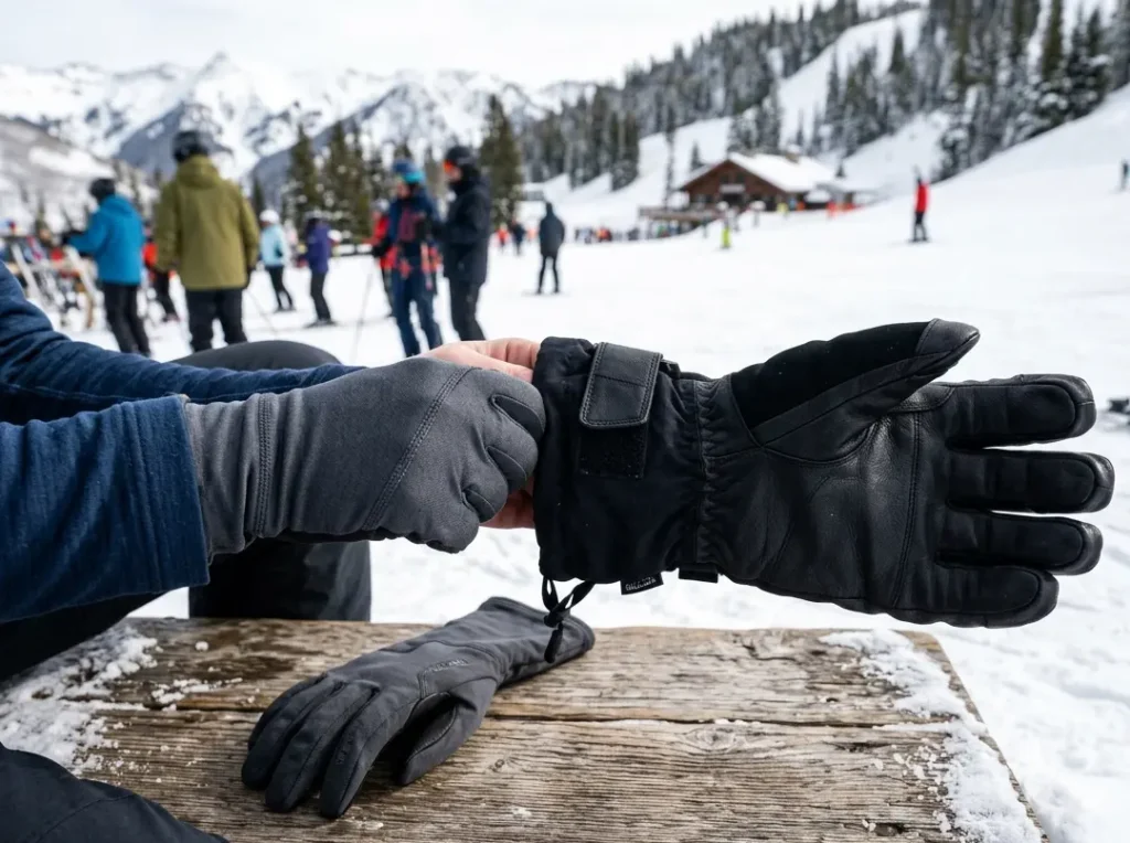 Skier pulling a heavy outer ski glove over a thin synthetic liner glove