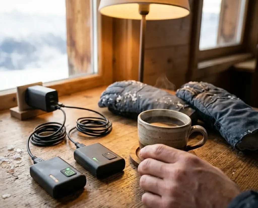 Heated ski glove batteries charging on a table inside a warm room to preserve battery cell capacity