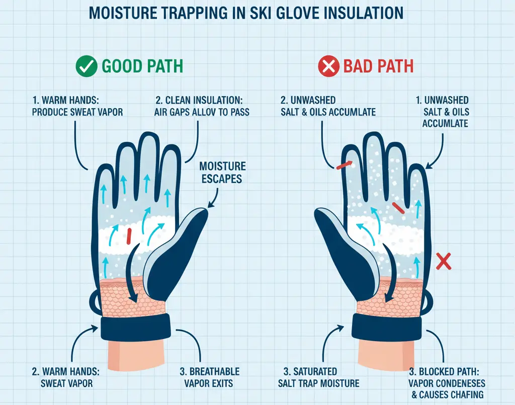 Diagram of moisture trapping in ski glove insulation