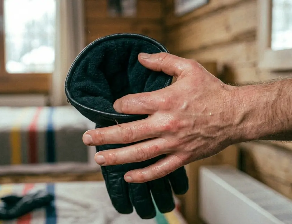 Sweaty hands removed from a warm ski glove, showing the moisture that feeds odor-causing bacteria