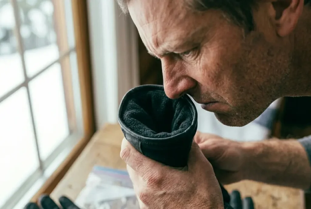 Skier smelling the inside of a ski glove to check for bacterial odor buildup