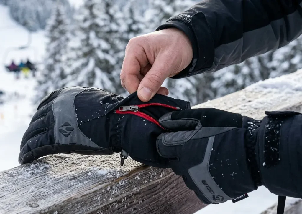 Close-up of a skier's hands demonstrating how to fix a ski glove zipper that's stuck.