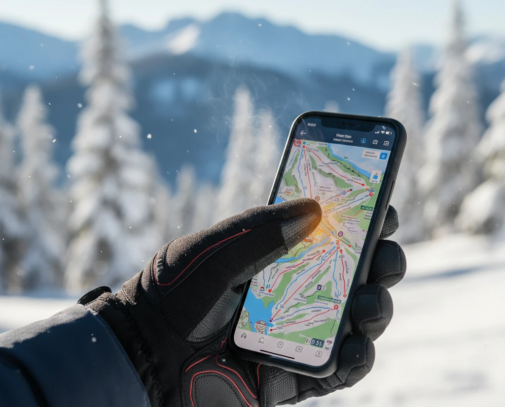 Close-up of testing the best heated ski gloves for smartphones by zooming into a digital trail map in cold conditions.