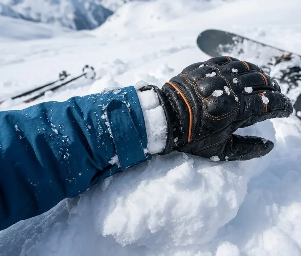  Real mountain testing showing snow packed into the wrist gap of a short cuff snowboard glove after a fall
