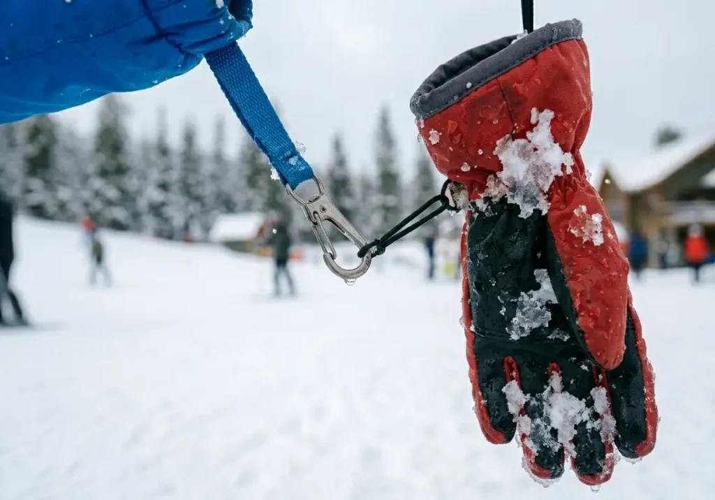 A weak glove clip failing under the weight of a wet kid's ski glove during testing
