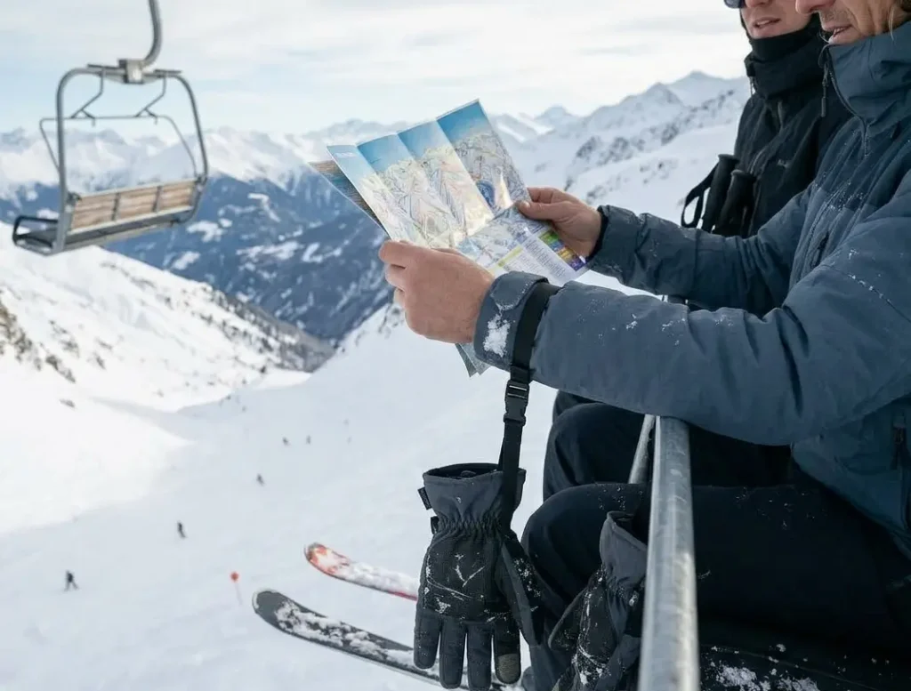  A skier reading a trail map on a chairlift while their ski gloves hang safely from wrist leashes over deep snow
