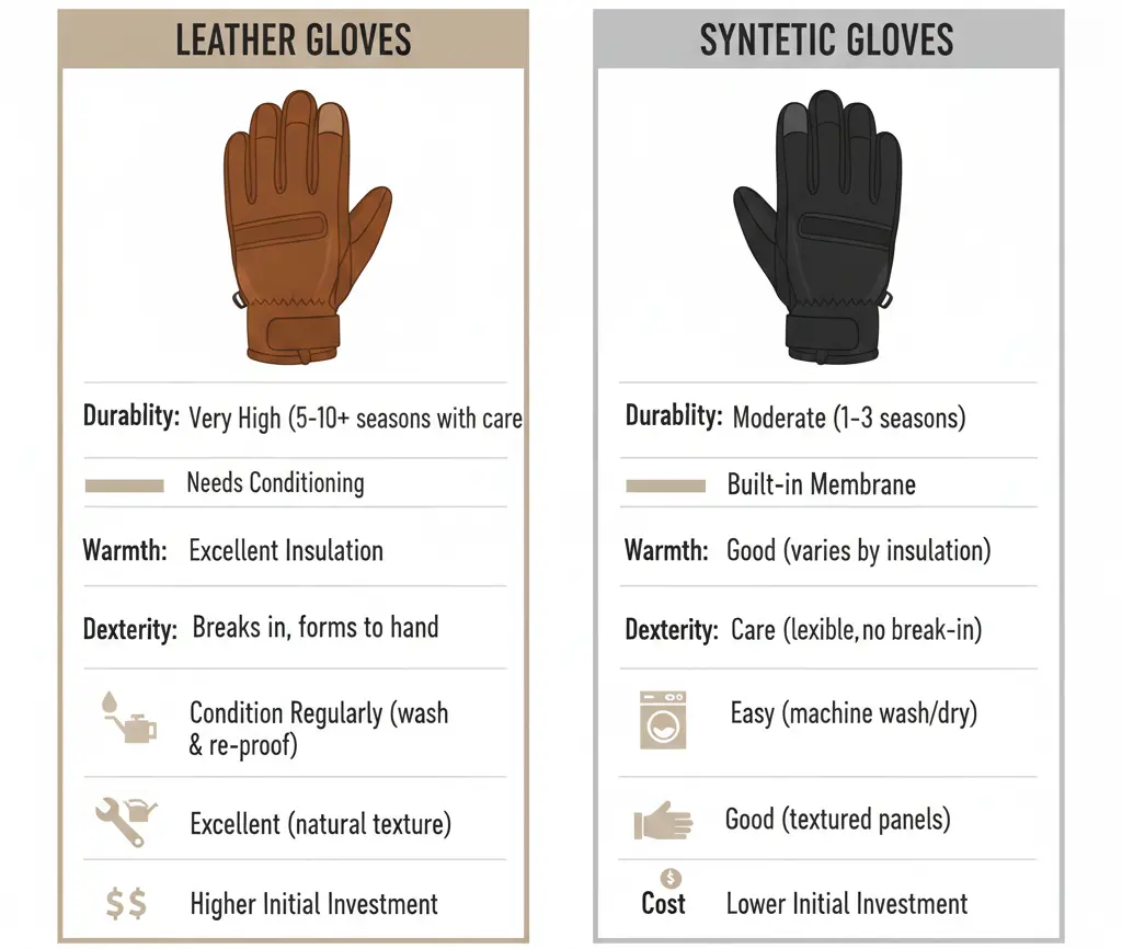 Comparison chart of leather and synthetic ski glove features, lifespan, and care