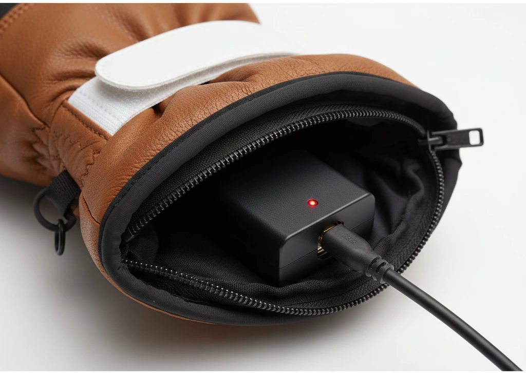 Interior view of a heated ski glove cuff showing the rechargeable battery and connection cable