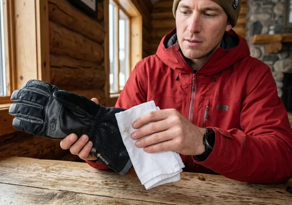 Testing the inside lining of a ski glove for moisture after a day on the slopes