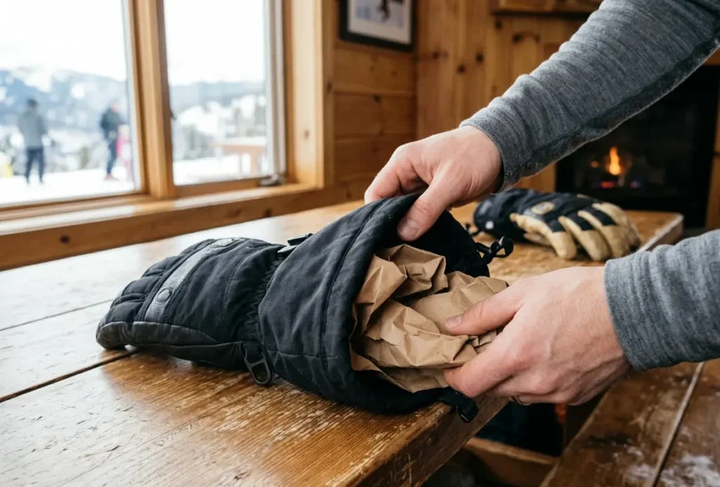 Stuffing a ski glove with plain packing paper to hold its shape during storage