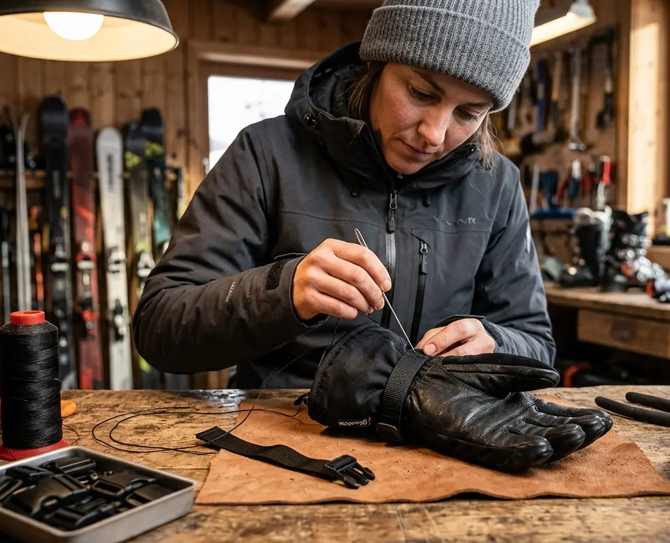  A skier demonstrating how to replace ski gloves straps using a needle and heavy-duty thread on a workbench