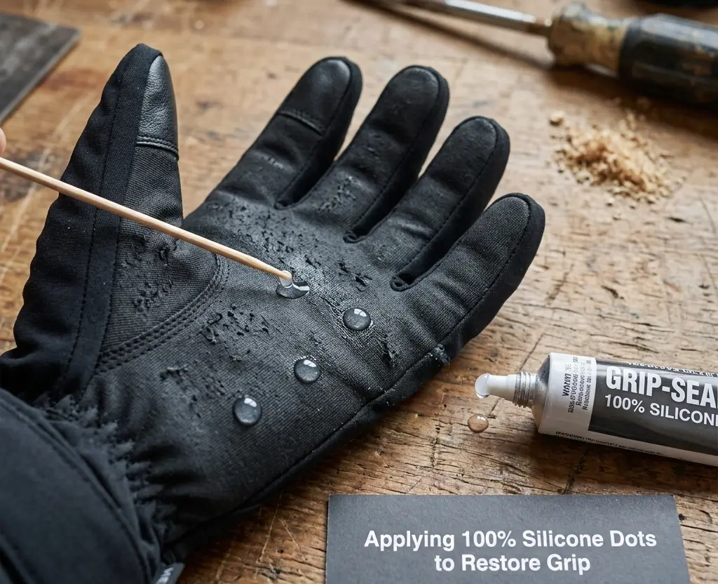 Using a toothpick to apply properly spaced 100% silicone dots to a scuffed ski glove palm to restore grip.