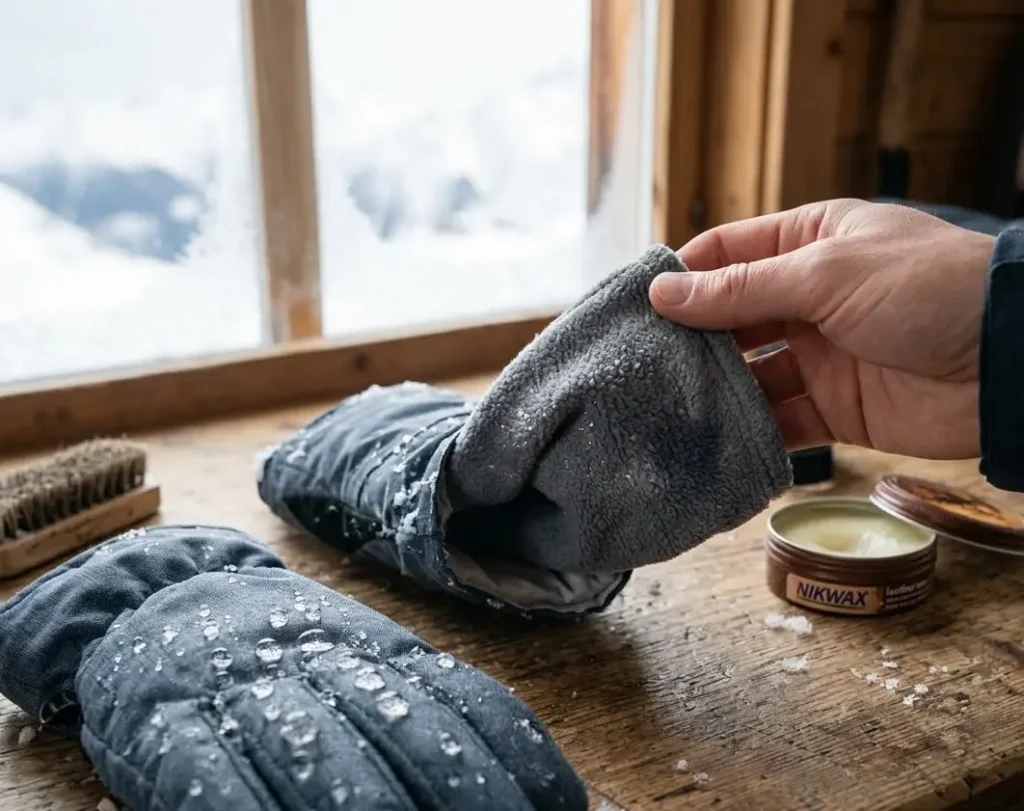  Checking a ski glove liner for internal moisture caused by hand sweat rather than external waterproofing failure.