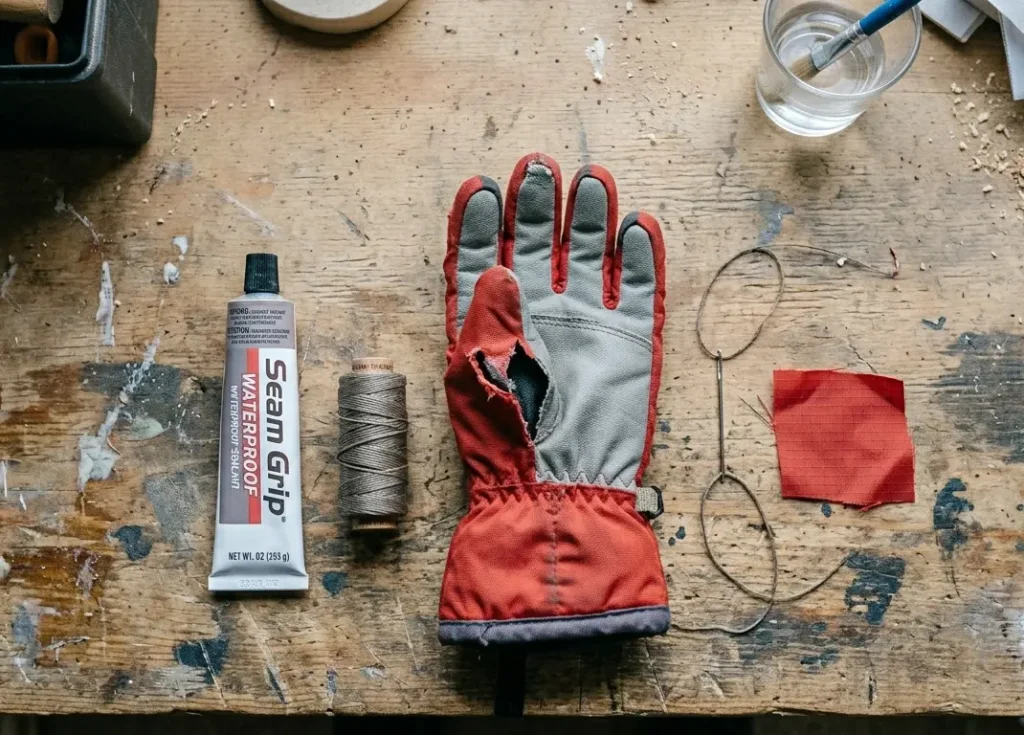 The essential tools needed for how to fix holes in ski gloves including thread, needle, and Seam Grip
