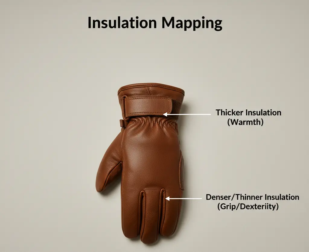 Photo of a ski glove showing different insulation thicknesses for warmth on the back and grip on the palm