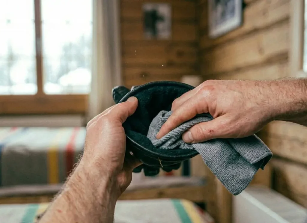 Wiping the inside lining of a ski glove with a dry cloth to remove sweat and dead skin cells