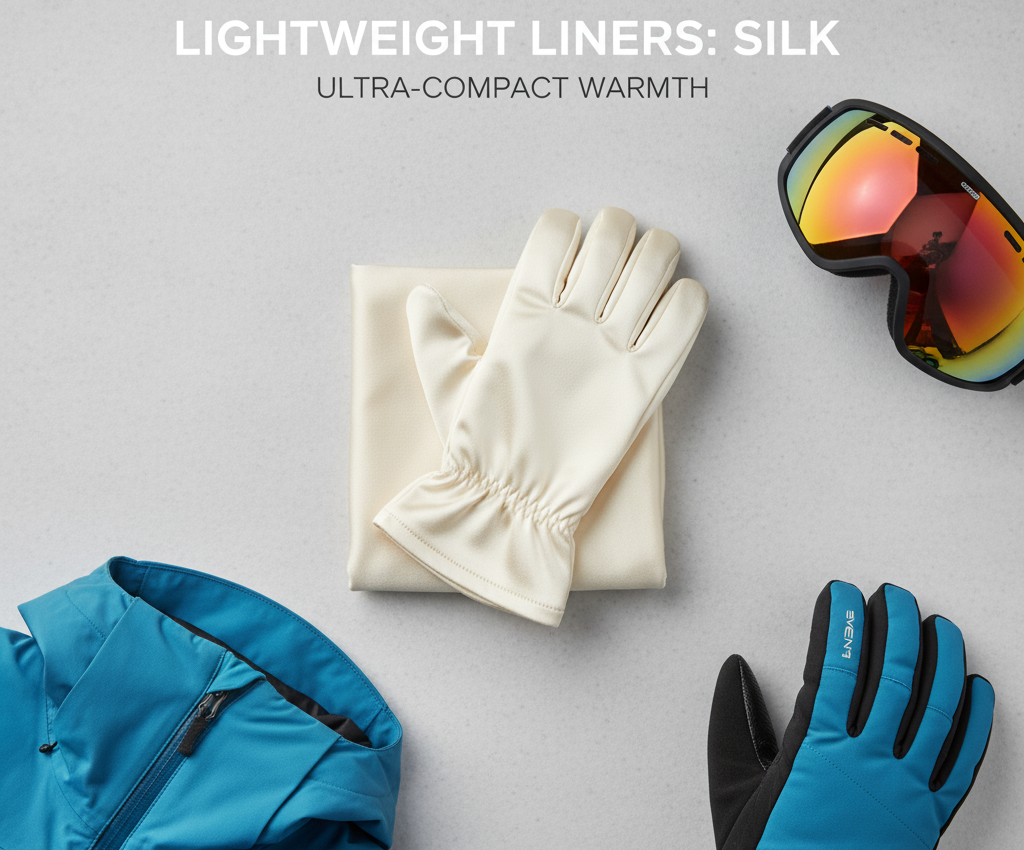 Silk glove liners folded neatly beside ski gear — lightweight glove liner example