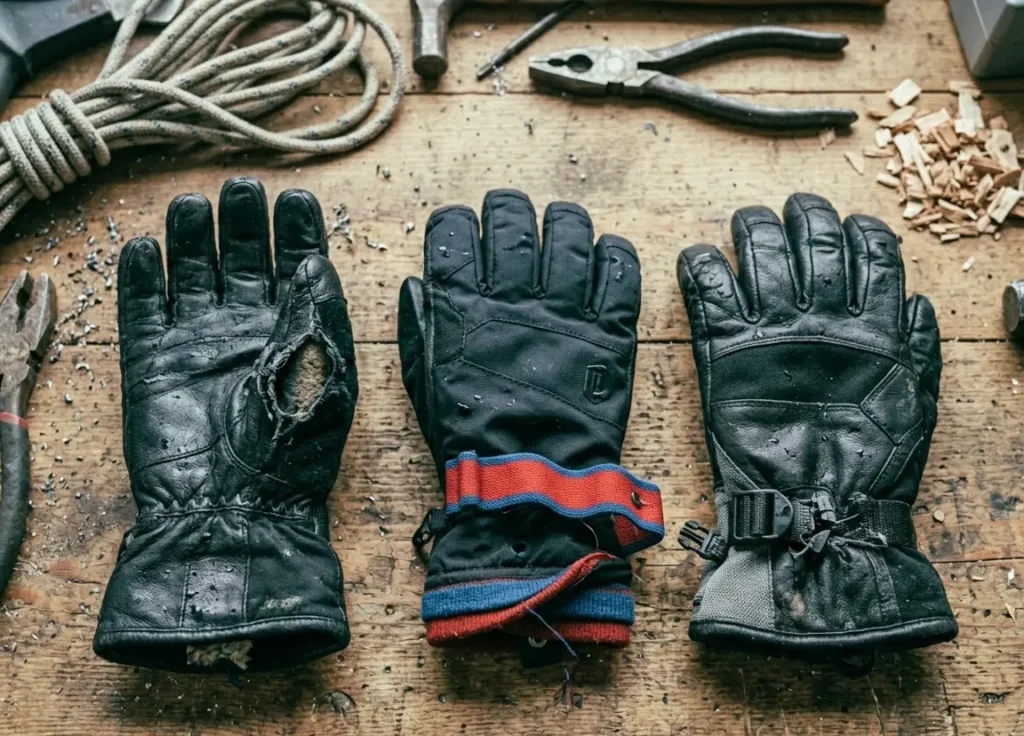 Examples of torn stitching, broken elastic, and cracked buckles when figuring out how to replace ski gloves straps