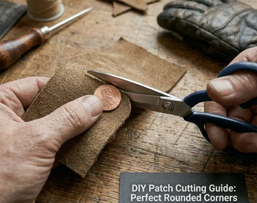 Cutting a repair patch with rounded corners to prevent peeling on a ski glove palm