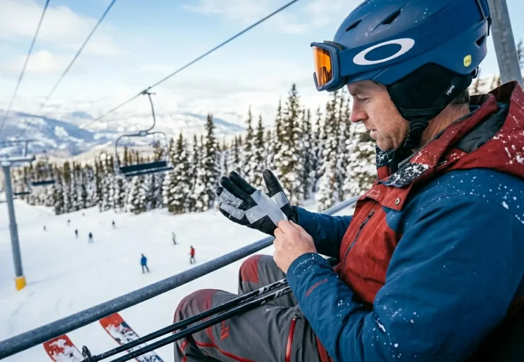 A skier fixing a torn ski glove palm with a strip of duct tape while riding a chairlift