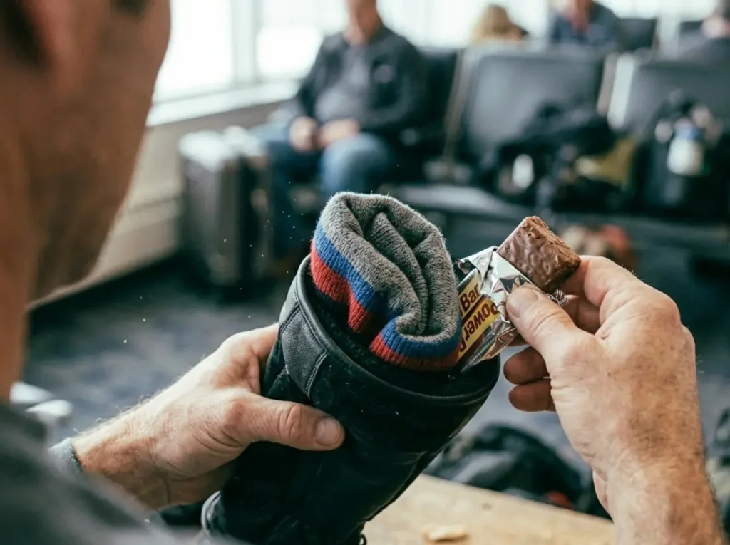 Using the inside of a ski glove to pack small items like beanies and snacks for one-bag travel