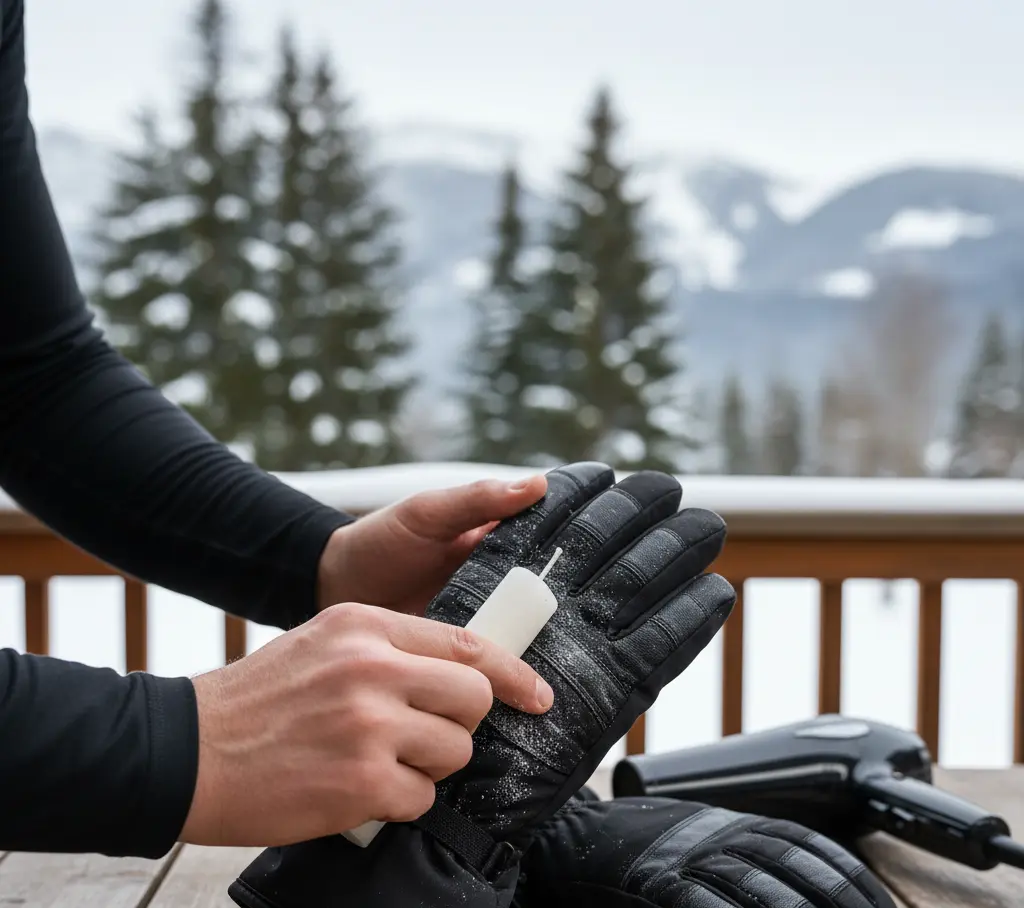 A skier learning how to waterproof ski gloves with wax candle