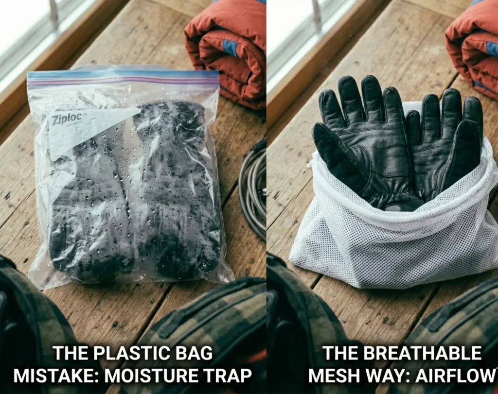 Packing ski gloves for travel in a breathable mesh bag versus a sealed plastic bag