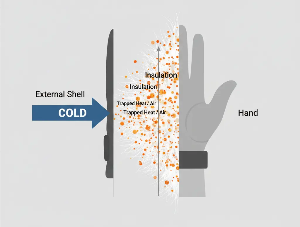 Technical diagram showing how ski glove insulation traps dead air to create a thermal barrier against cold