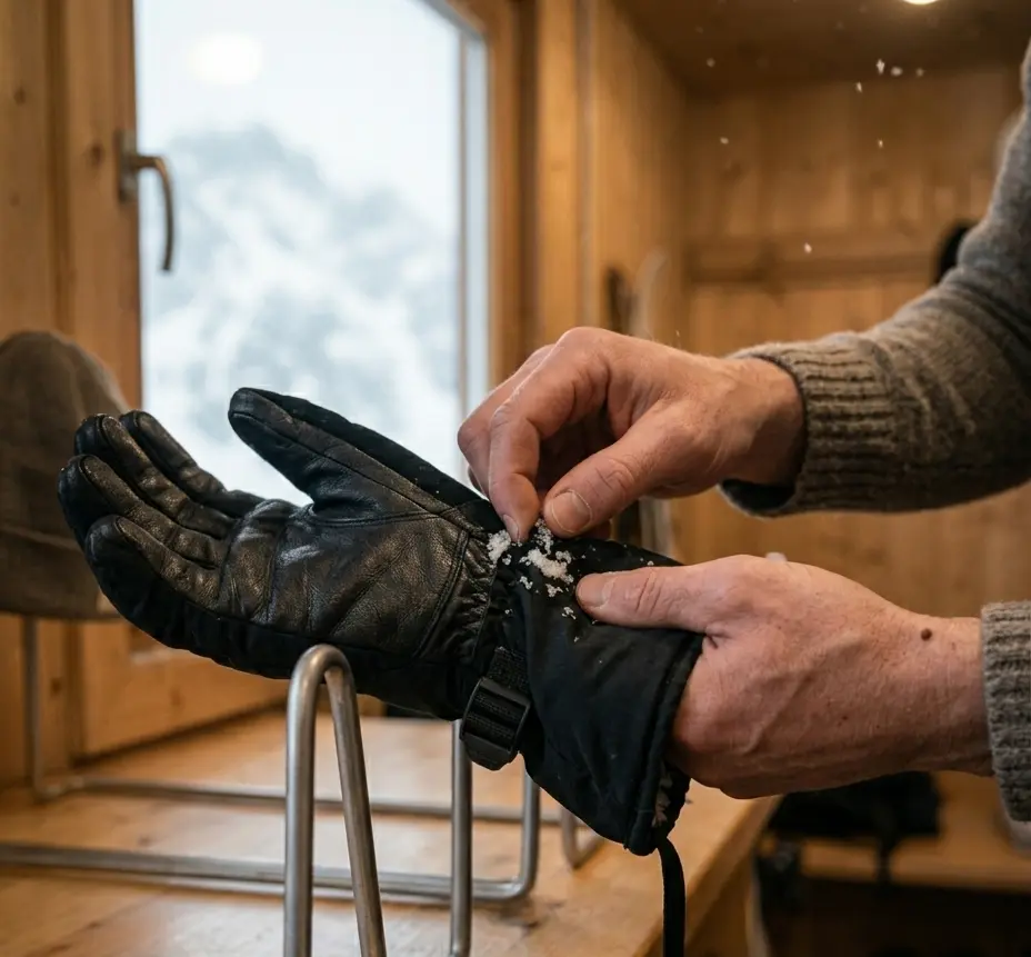Skier testing how to dry ski gloves correctly in a warm room.