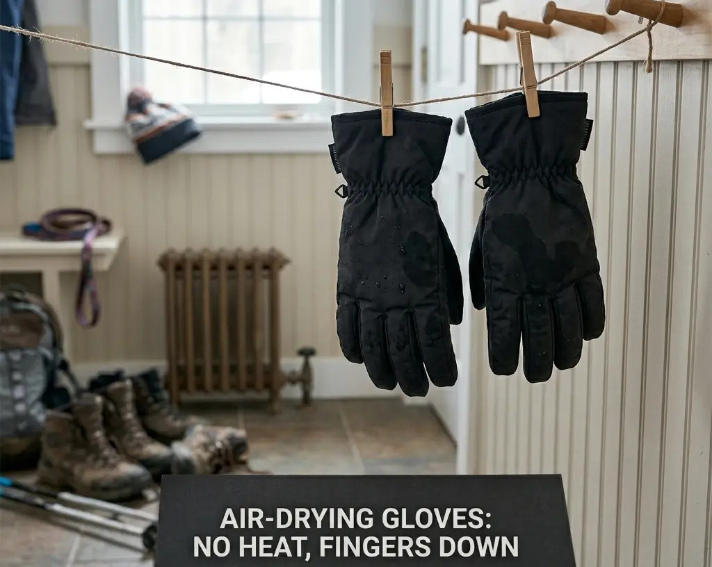 The proper way to air-dry ski gloves at room temperature, hanging fingers down and away from direct heat sources