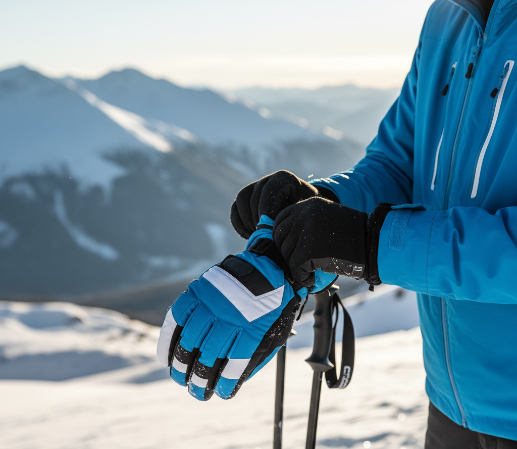 5 Smart Ways on How to Layer Ski Gloves for Extra Warmth Skier adjusting layered gloves on snowy slope