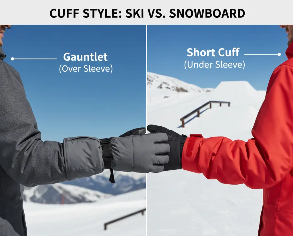 Visual guide showing how ski glove gauntlets fit over jacket sleeves to block wind, while snowboard gloves tuck underneath for wrist mobility