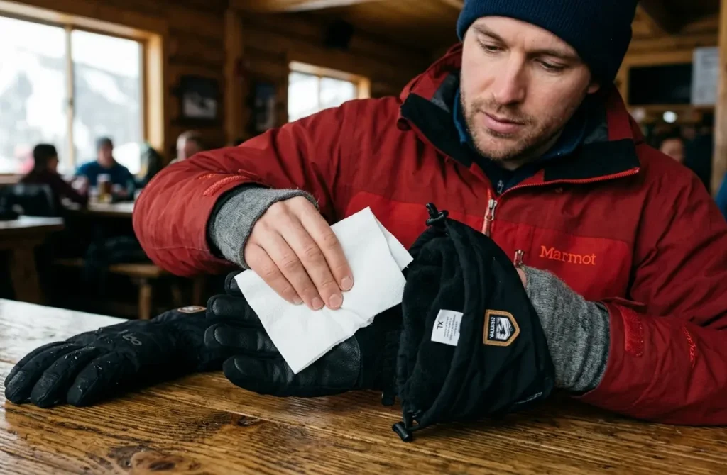 Testing the inside of a ski glove for dampness using a dry cloth after skiing