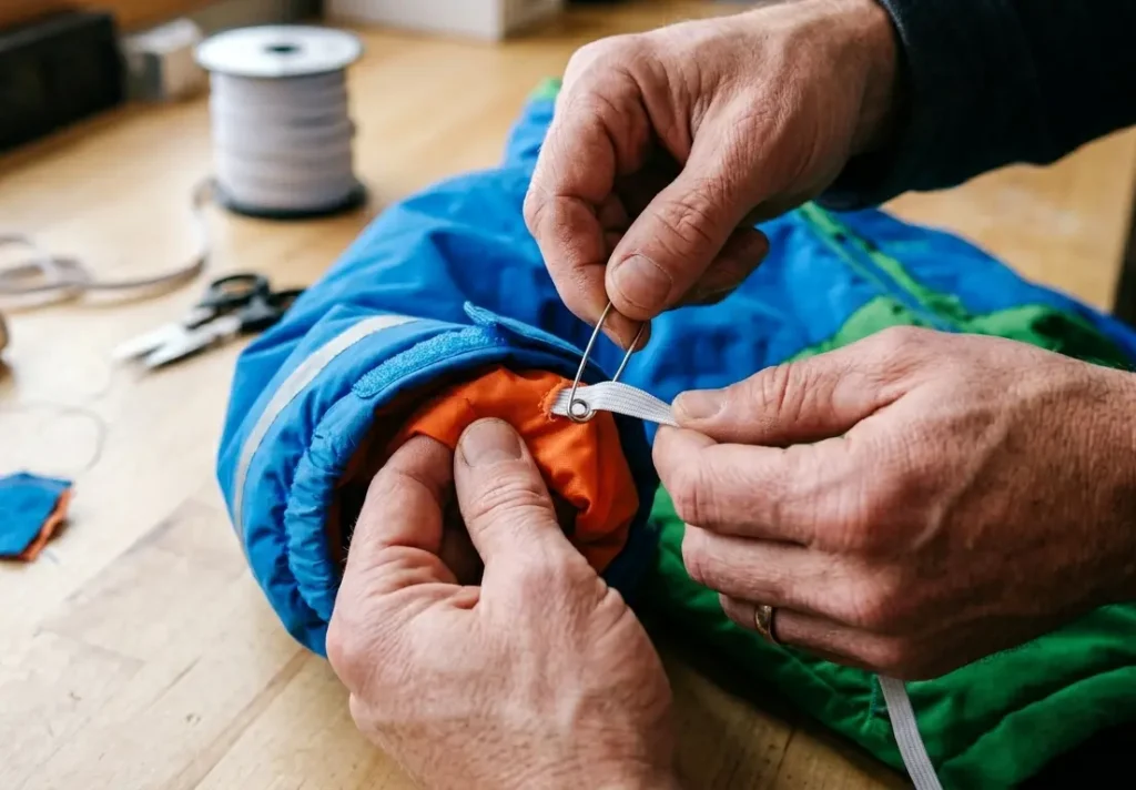Threading an elastic mitten string through a kid's ski jacket sleeve using a safety pin